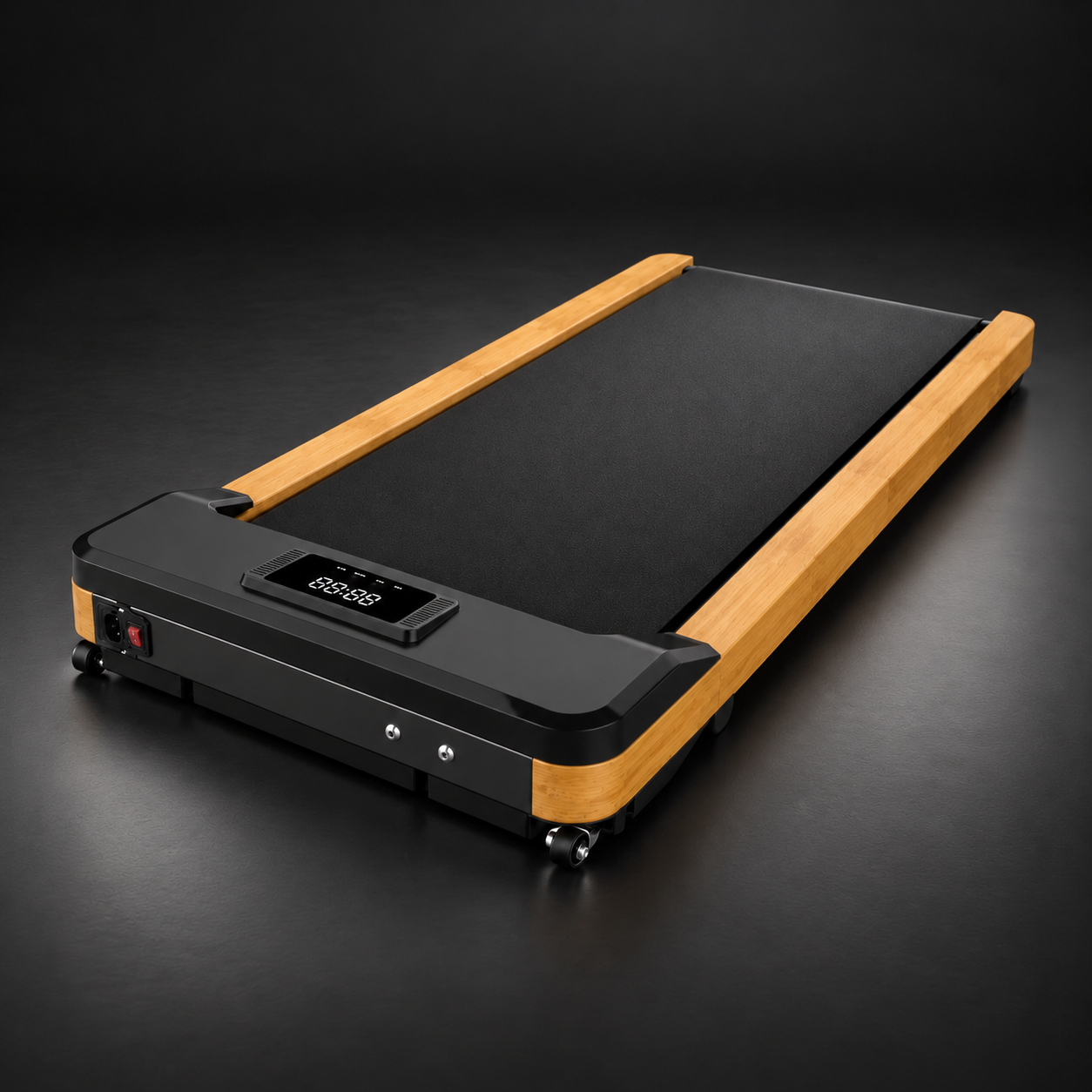 Walk S1 walking pad with a black belt, natural honey-colored timber side rails and a front LED display