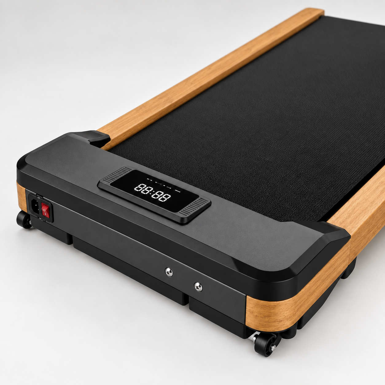 Close-up of the Walk S1 LED display, front motor housing, belt texture and timber side rail