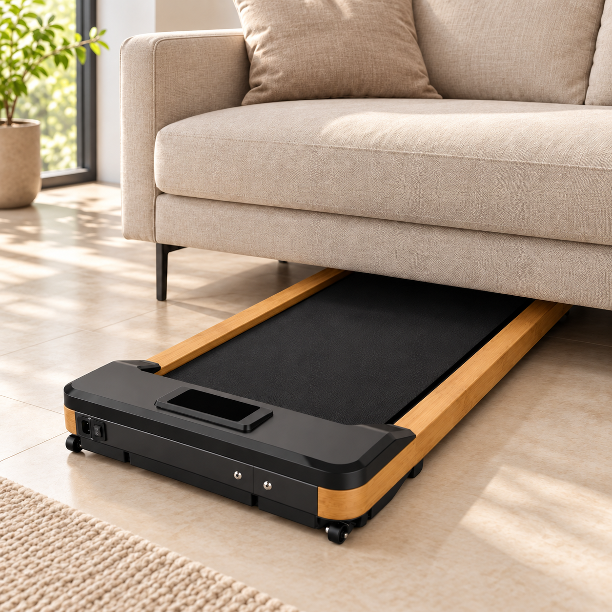 Walk S1 stored flat beneath a raised sofa with enough clearance, with its front transport wheels visible