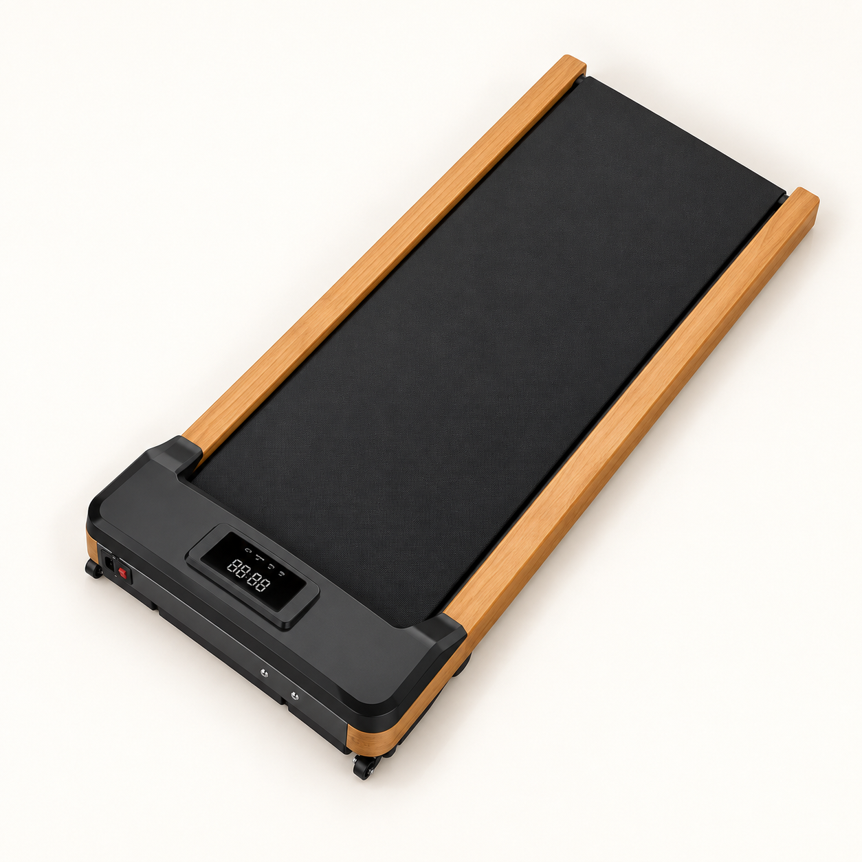 Overhead view of the complete Walk S1 walking pad and its natural timber rails